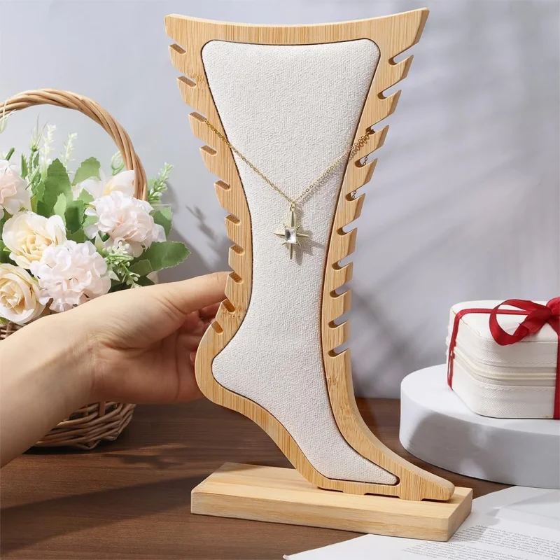 Foot Shaped Anklet Display Stand Bamboo Wooden Necklace Holder Display Storage Showcase Stand for Ankle Jewellery Display