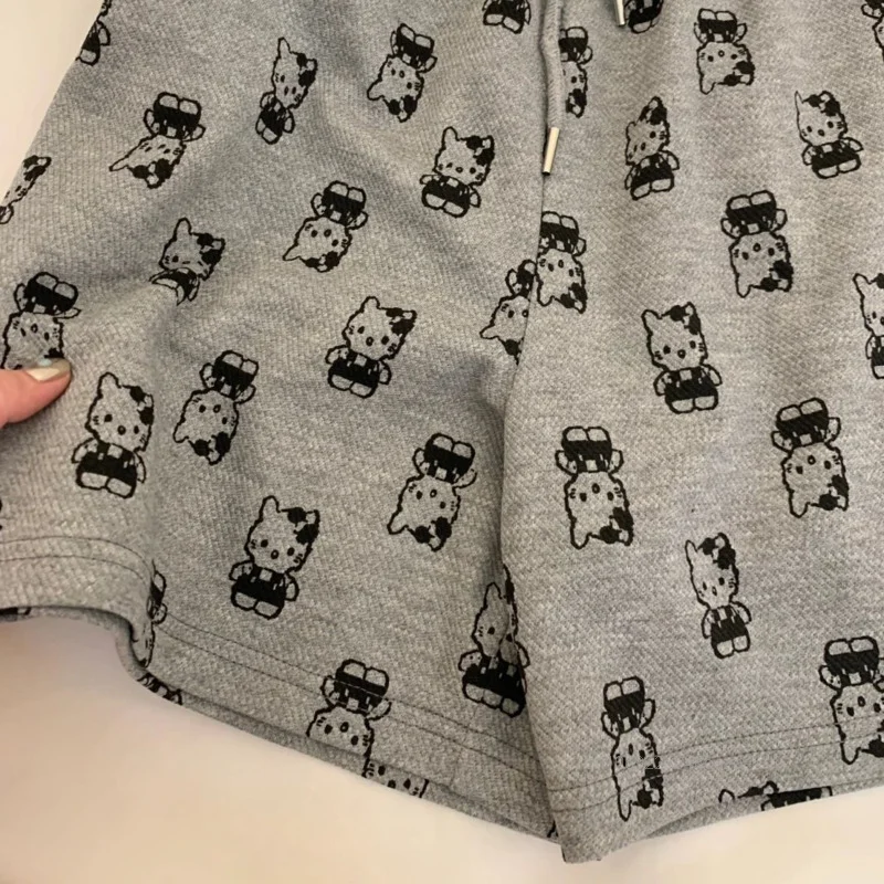 Sanrio Hello Kitty Cartoon Cat Printed Clothes Women\'s Summer High Waisted Loose Shorts Casual Sports Fashion Five Quarter Pants