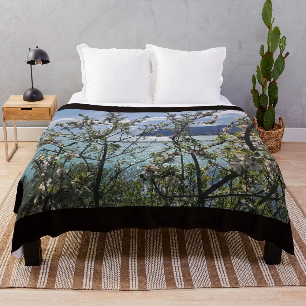 Enchanted Gaze: Monte Saraceno through Almond Blossoms Throw Blanket sofa bed Summer Blankets