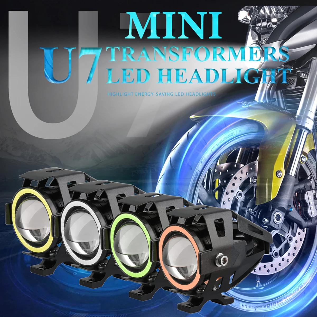 125W LED Auxiliary Motorcycle Headlight Universal 1200LM Angel Eyes U7 Mini Motorcycle Spotlights Bicycle Lamp Accessories