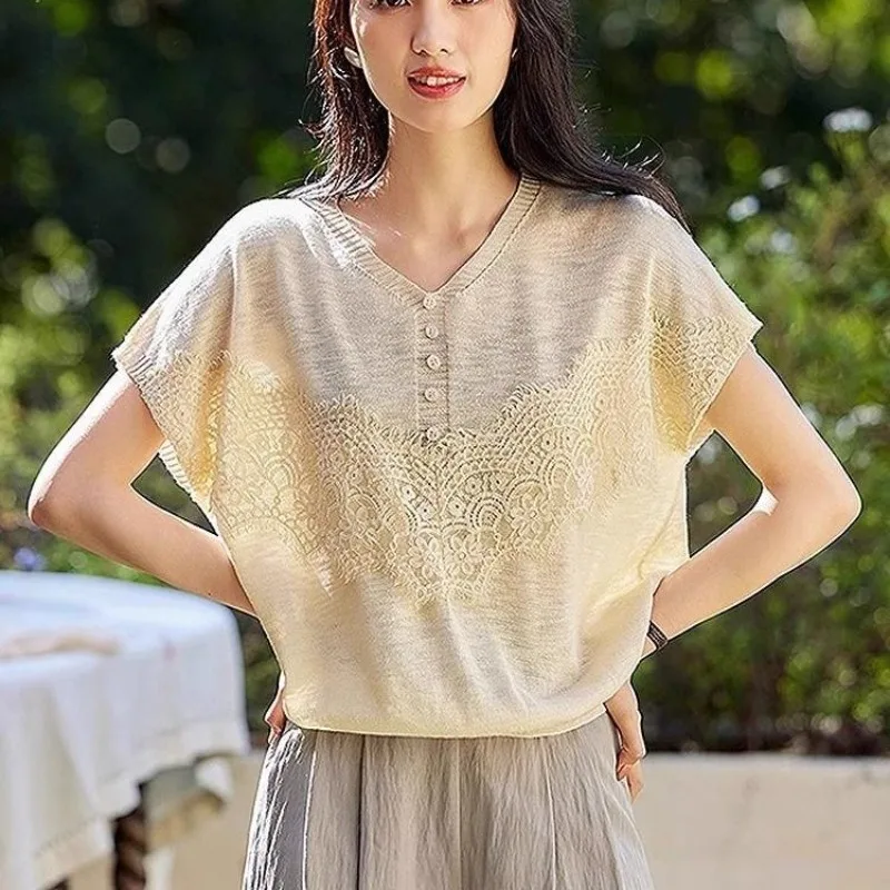 여성 여름 레이스 수 놓은 솔리드 컬러 v 넥 반팔 니트 탑 숙녀 단순 캐주얼 올 매치 트렌드 티셔츠