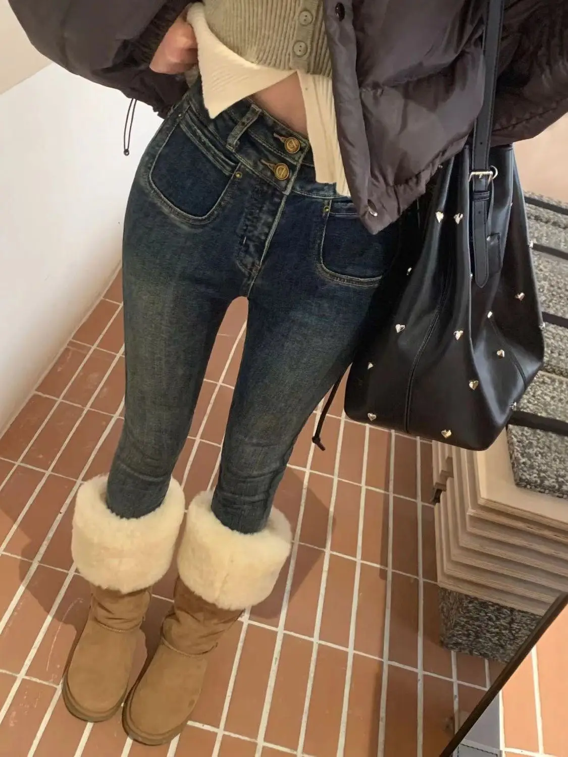 Slim Fit High Waist Denim Jeans Women's Retro Style Elastic Two Button Tight Versatile Sexy Butt Lifting Blue Cotton Blend