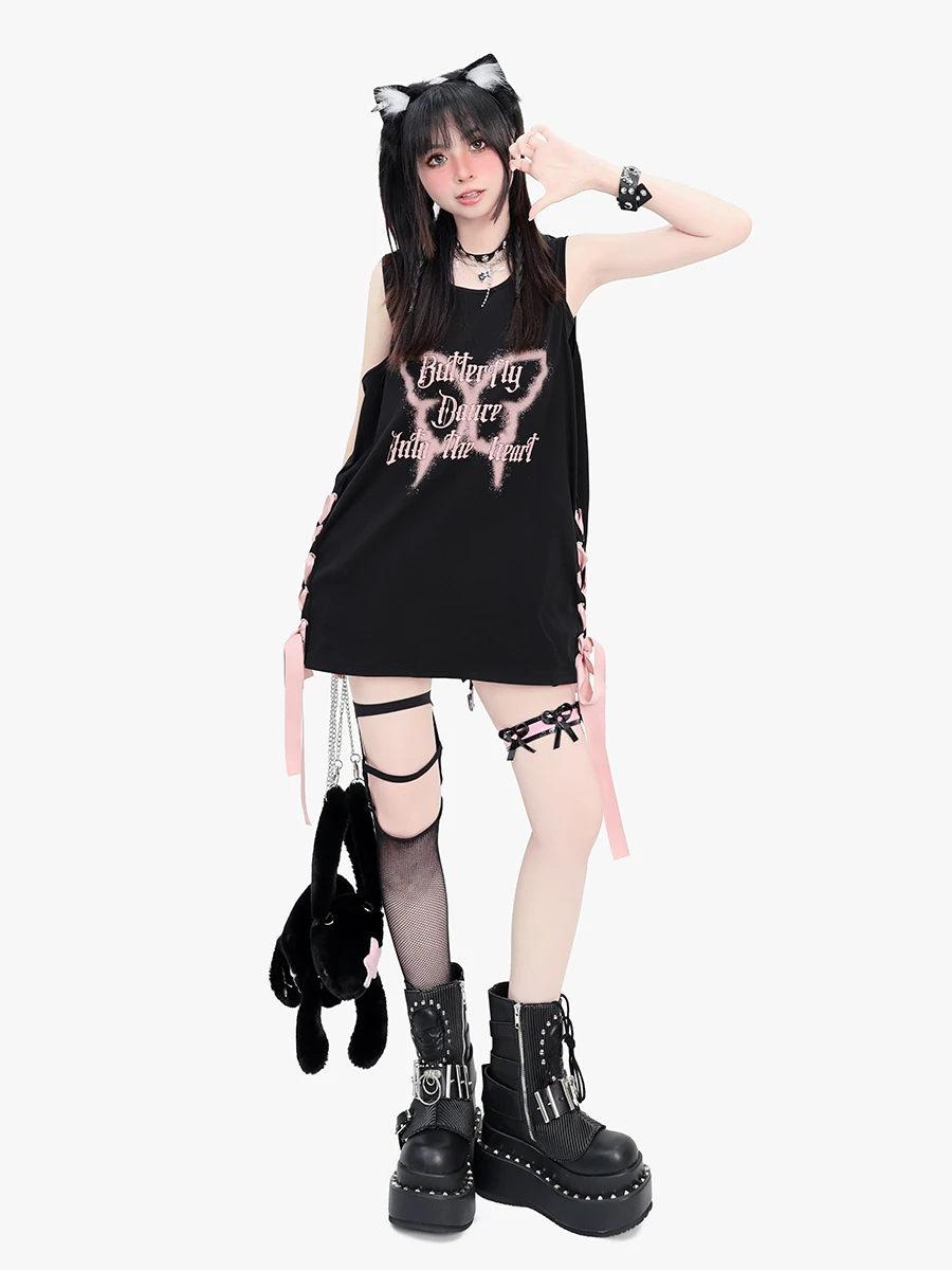 Japanese Street Punk Style Letter Bow Printed Lace-up Ribbon Sleeveless Round Neck Loose Long Vest Sweet Cool T-shirt Tops Women