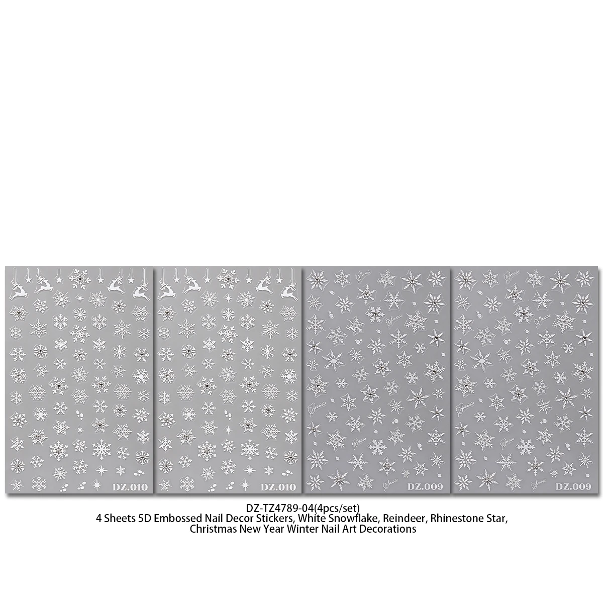 4Pcs 5D Embossed White Snowflake Reindeer & Rhinestone Star Nail Art Stickers, Holiday Gift, Nail Tech Supplies, Xmas Party