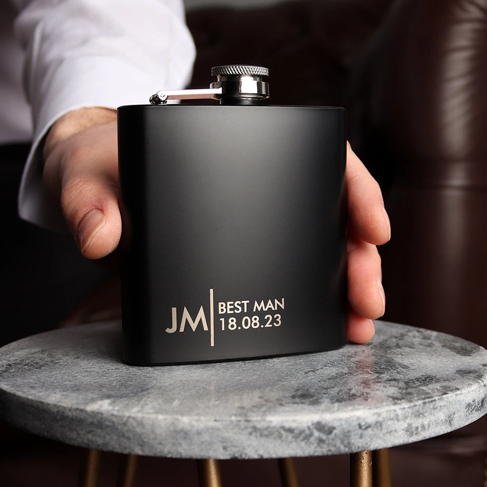 Custom Groomsmen Gift Engraved Best Men Black 6oz Hip Flask with Gift Box Set Personalised Gift for Him Fathers Day Dad Gift