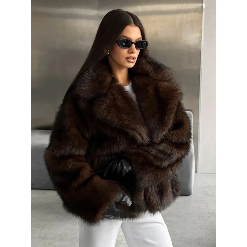 QICHE New Faux‑Fur Coats Women Suit‑Collar‑Craft Short‑Cut Faux‑Fox‑Fur‑Detail Fluffy‑Texture Warm Cold‑Resistant Daily Outerwea
