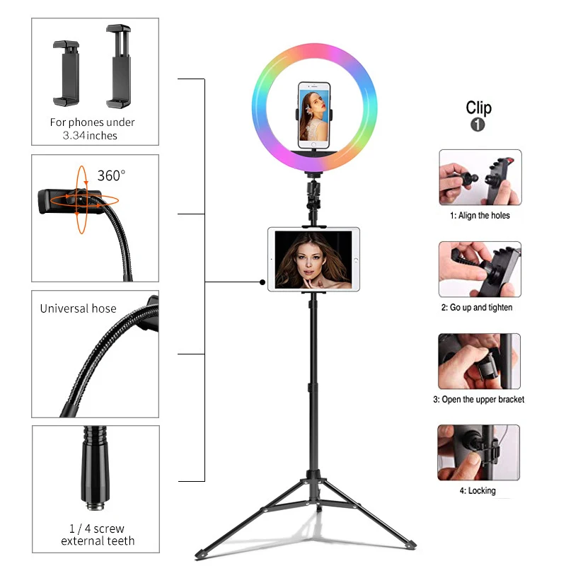 26CM RGB Selfie Ring LED Light With Phone Tablet PC Stand Tripod Photography Studio Ring Lamps for Phone TikTok Youtube Makeup