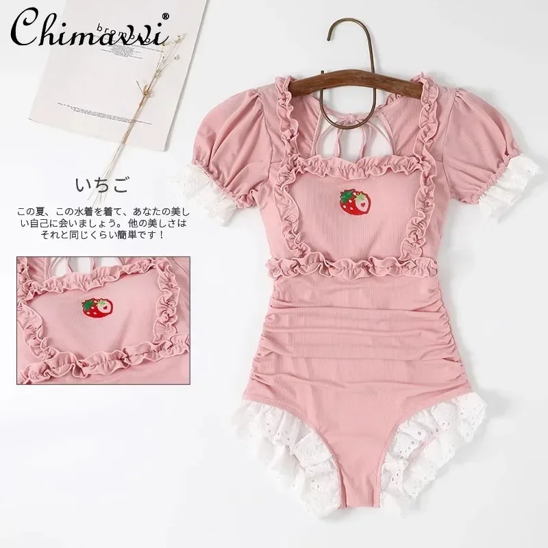 Japanese Cute Girl Sweet One-piece Triangular Swimsuit Women's 2025 Summer New Retro Bubble Sleeve Soft Girl Loli Swimwear