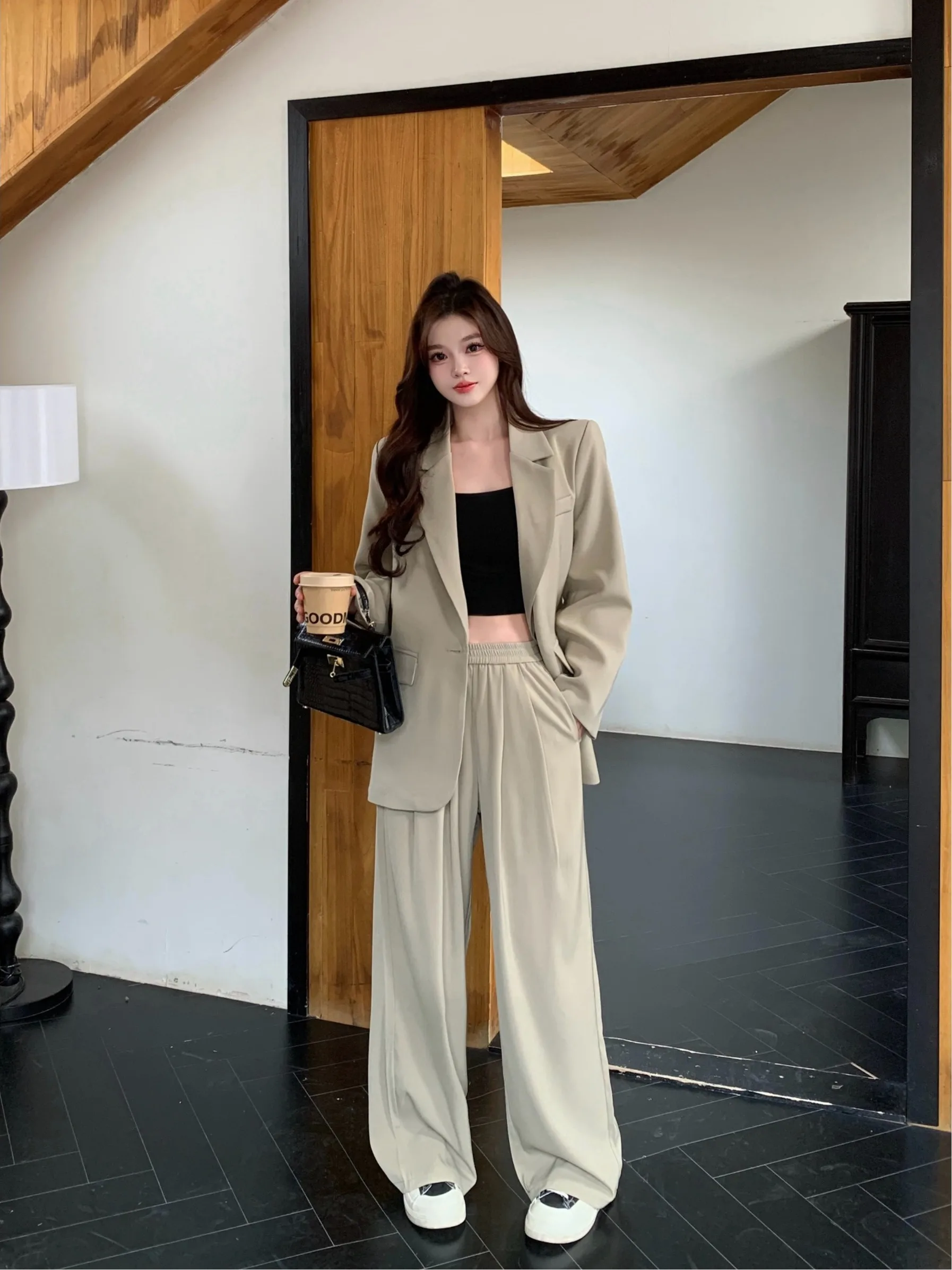 

plus Size Casual Suit High Waist Long Sleeve Design Sensation Small Audience Wide Leg Pants Autumn New Style Fashion Set