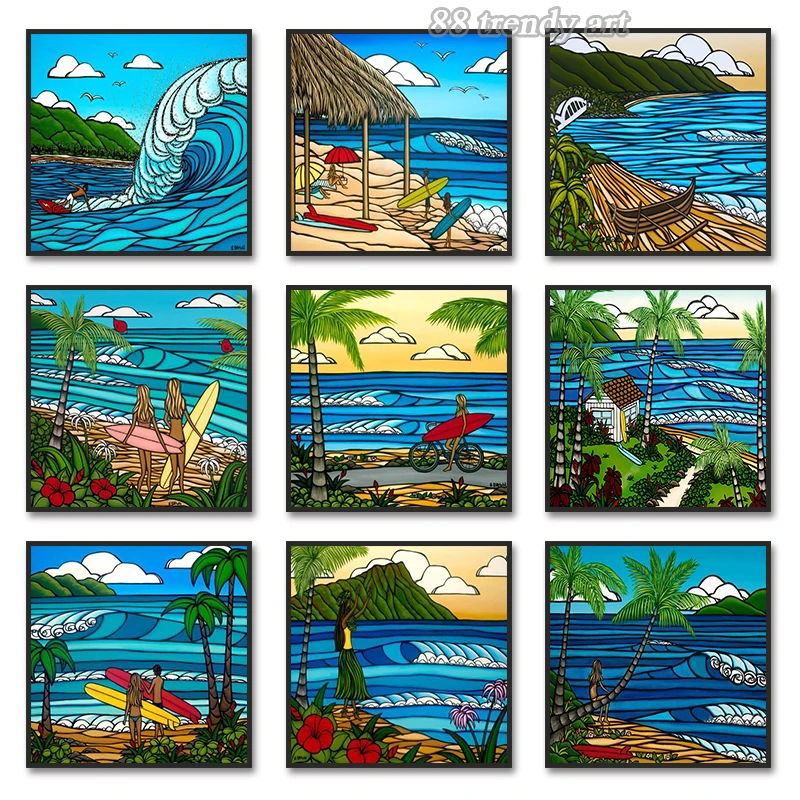 

Abstract Hawaiian Islands Surf Posters Beach Seascape Surf Landscape Pop Art Canvas Painting Prints Wall Art Pictures Home Decor
