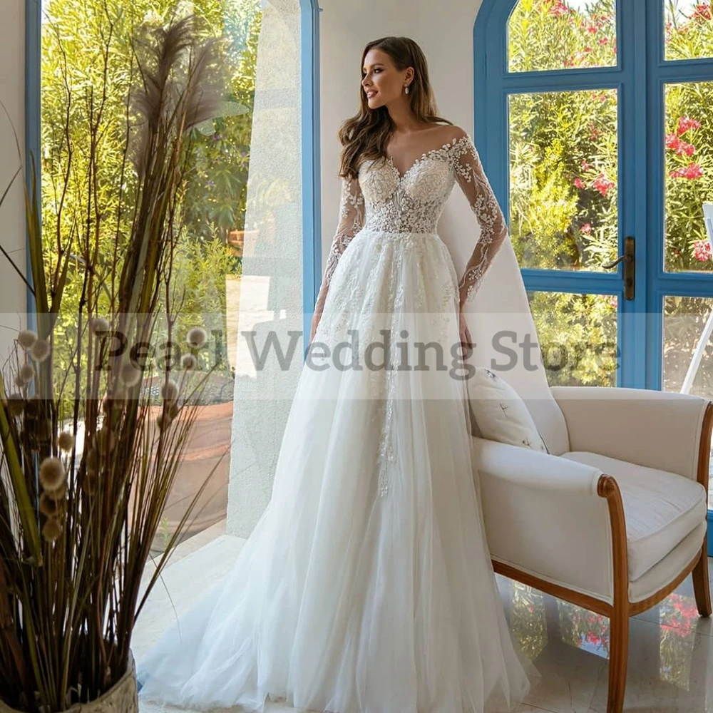 Elegant Wedding Tulle Long Sleeve Illusion Beaded A-Line and Floor Length Customized Bridal Marring Dresses in Multiple Sizes