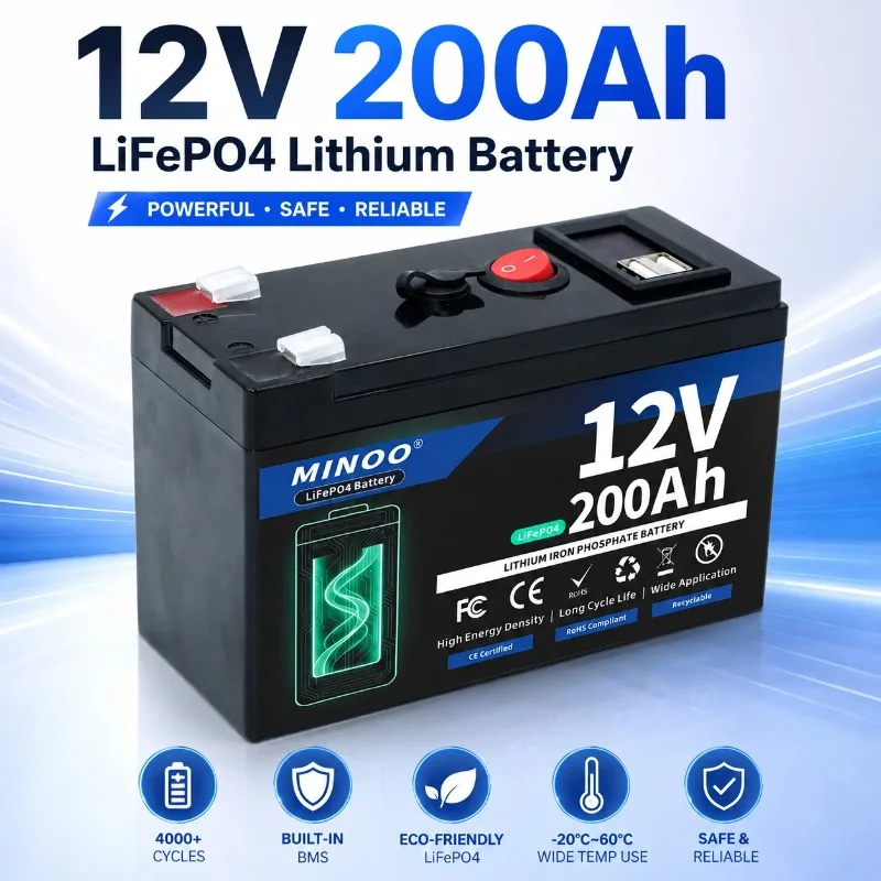 12V 200Ah LiFePO4 Solar Battery Deep Cycle Rechargeable Built-in BMS Lithium 200000mAh for Power Wheels Scooters Fish Finder