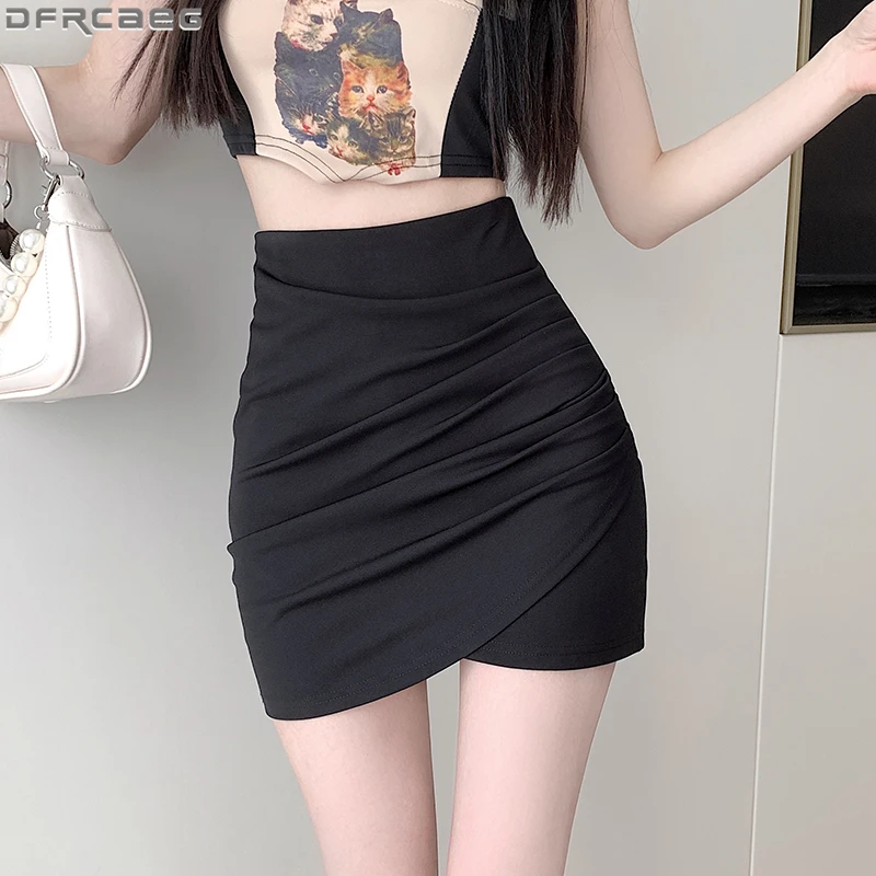 

Fashion Sexy Summer Mini Skirts For Women Solid High Waist Bodycon Wrap Skirt Beige Khaki Black Irregular Folds Jupe Short Femme