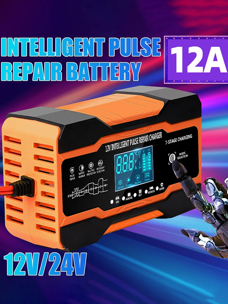 Ładowarka akumulatorów 12V 24V 12A 10A Inteligentne szybkie ładowanie akumulatorów samochodowych 7-stopniowa naprawa impulsów ładowania dla AGM GEL WET Lead Acid — zdjęcie 2