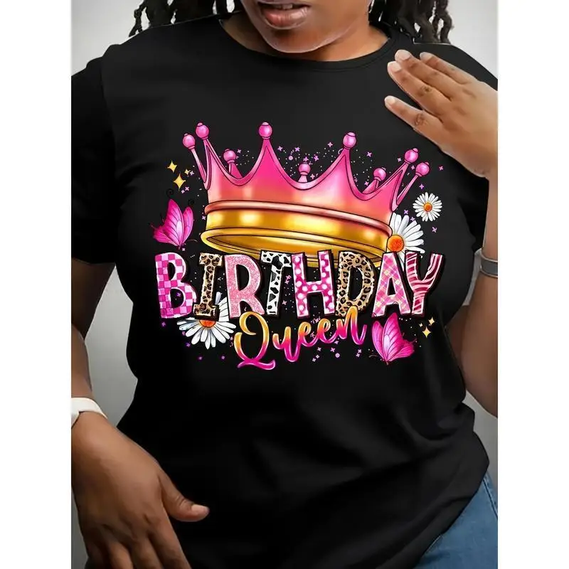 

Birthday Queen Graphic Tee Women's T-shirt Birthday Party Crown Gift for Her Cute Casual Tops