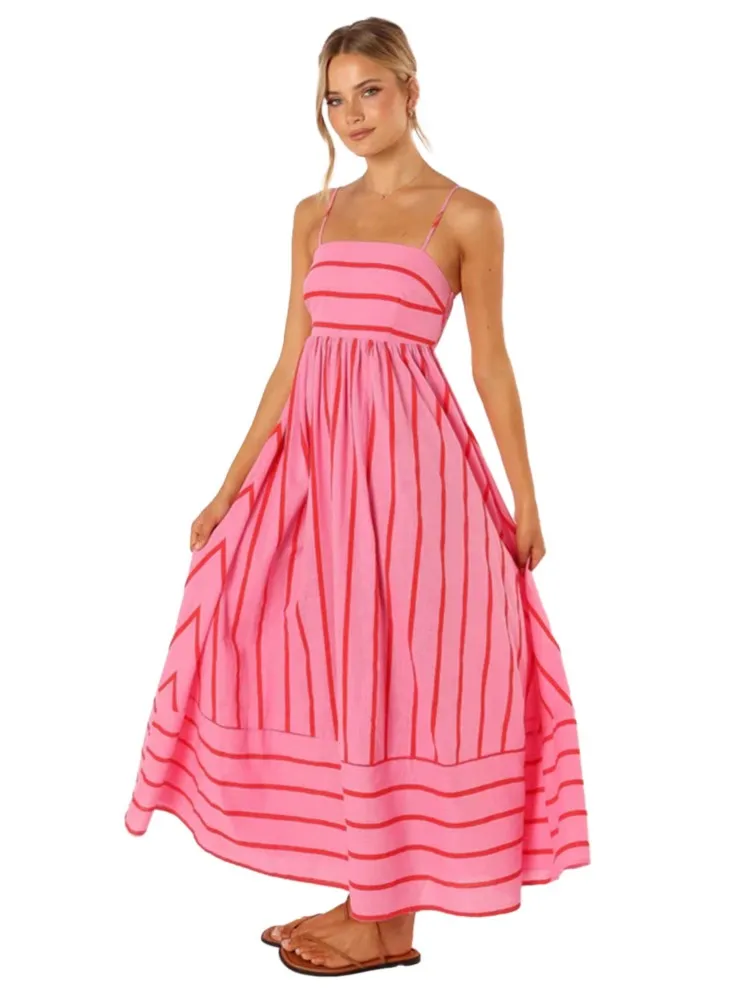 エレガントなストライプマキシロングドレス夏の女性スパゲッティストラップフリルバックレスプリーツ弾性ウエスト自由奔放に生きるパーティースイングル​​ーズドレス