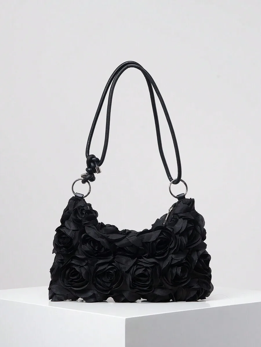 Bolso Tejido con Diseño Floral, Bolso de Paja Estilo Boho con Cierre Metálico, Bolso de Mano con Patrón Aleatorio para Vacaciones en la Playa, para Mujer, Verano