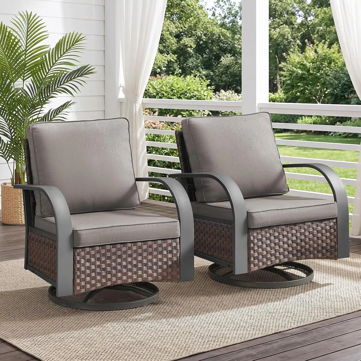 Outdoor Swivel Rocker Patio Chairs 2PCS, Woven Rattan Glider with Metal Armrests for Backyard Garden Indoor, Grey, Customized