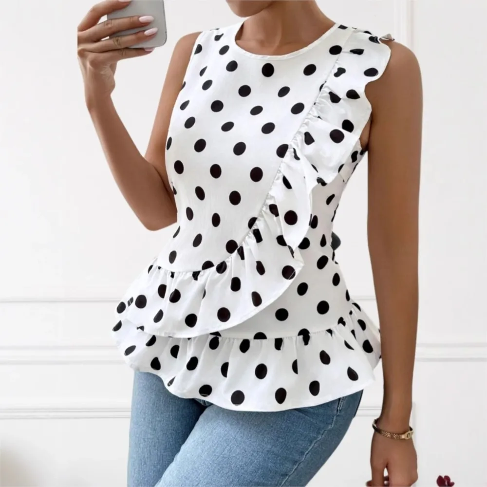 Women's Cute Polka Dot Round Neck Ruffle Top Vest Y2k Top Slim Fit Sleeveless Summer Shirt Holiday Streetwear  Blusa Mujer