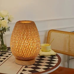 Bamboo Table Lamp Handmade Wooden Bedside Lamp Vintage Living Room Decoration Night Light for Bedroom Camping Light Desk Lamp