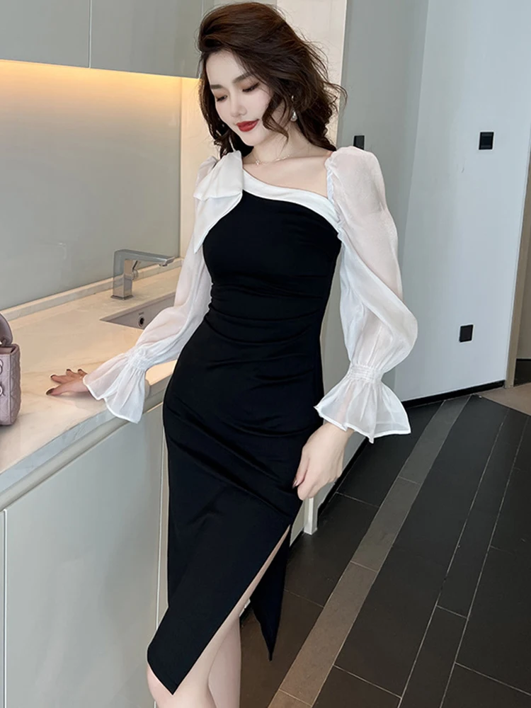 Elegant Fashion Banquet Dresses for Woman Sweet Chic Black White Panelled  Bow Long Sleeve Split Midi Robe Party Street Vestidos - AliExpress 200000345