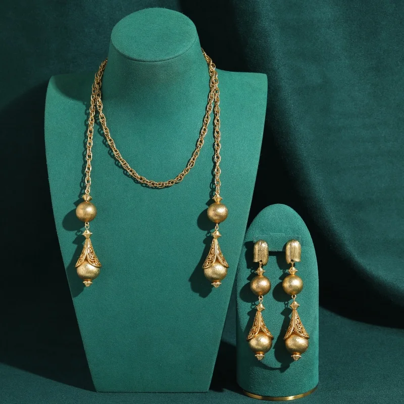 Vintage Gold Color Frosted Hollow Ball Jewelry Sets Necklace Earrings Luxury Retro Classic Elegant Brand Gifts Trending 2026