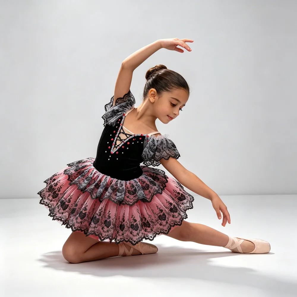 Professionelles Ballettkleid für Kinder, Schwarz-Rot, Wettbewerbs- und Aufführungskostüm, Spitzen-A-Linie, Tüllrock