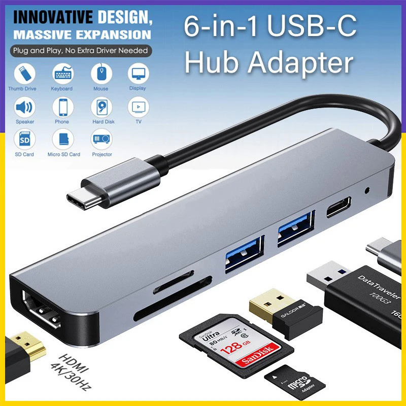 

【Fast Ship】6 in 1 Multiple USB C Hub 3.0 Port Type C Docking Station Adaptor for Laptop HDMI PD Charger 6 In 1 SD/TF Card Reader