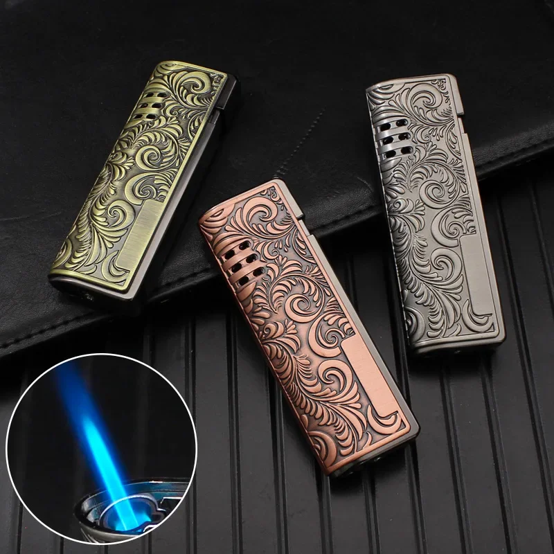2026 Metal Tang Grass Pattern Windproof Jet Blue Flame Butane Gas Lighter Outdoor Portable Cigar Lighters Smoking Gifts For Men