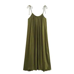 Tangada 2024 Women Loose Summer Green Dress Beading Strap Ladies Long Dress 6X0401