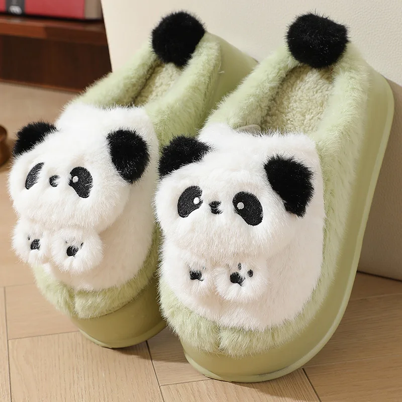 Cute Fluffy Plush Panda Slippers Women's Winter Thick Platform Warm Slippers Woman Casual Slip On Fuzzy Indoor Home Slides Shoes