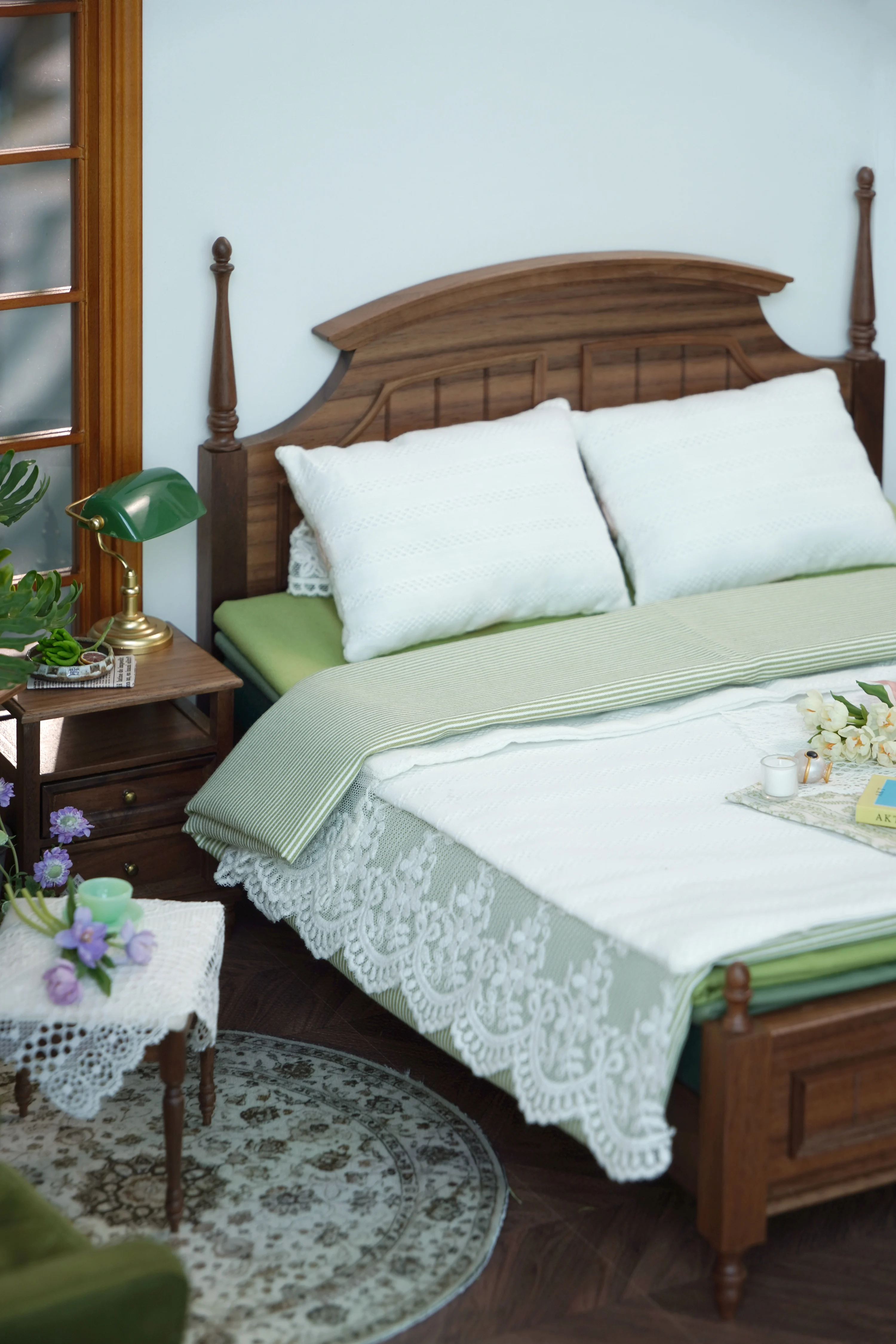 Meble do domku dla lalek w skali 1/6 BJD OB11, mini model, łóżko dwuosobowe/łóżko do sypialni z litego drewna