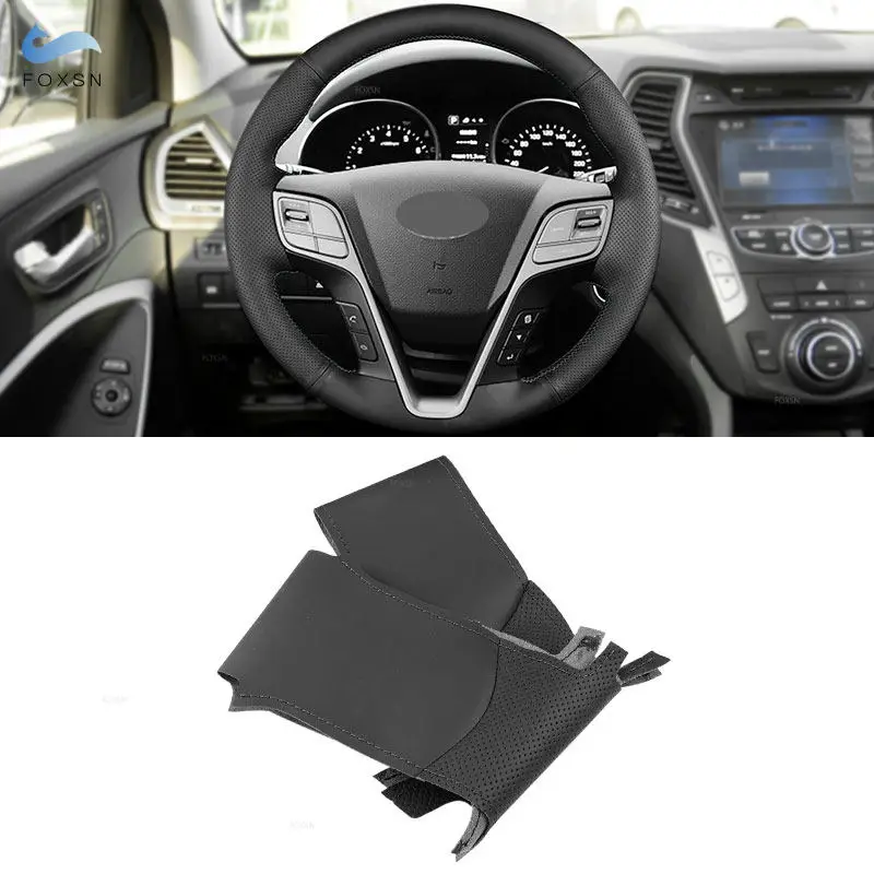 

For Hyundai Santa Fe 2013-2018 Grand ix45 2013-2016 Hand-stitched Perforated Leather Steering Wheel Protective Cover Trim Black
