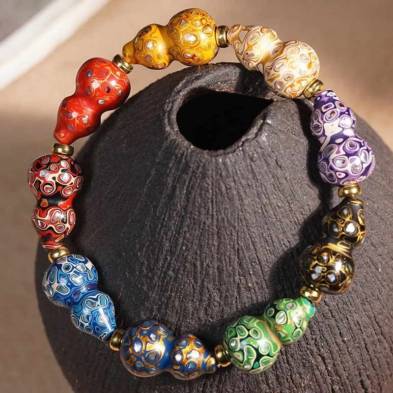 Handmade Retro Lacquer Inlaid Conch Gourd Bracelet with Pineapple Lacquer Texture Prayer Bead Bracelet Gifts