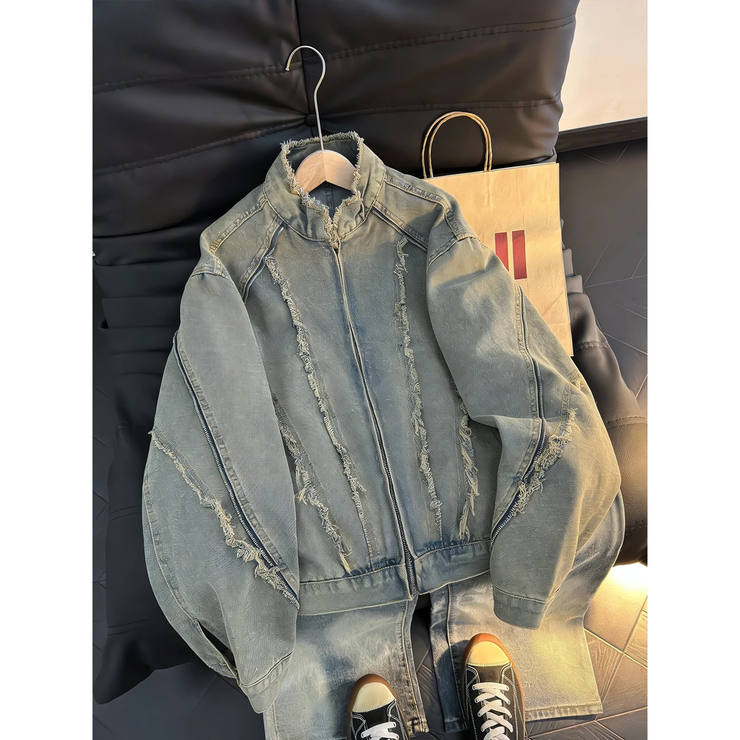 

American Vintage Washed Denim Jacket Men's Street Style Decomposition Motorcycle Spring Autumn Stand Collar Jacket