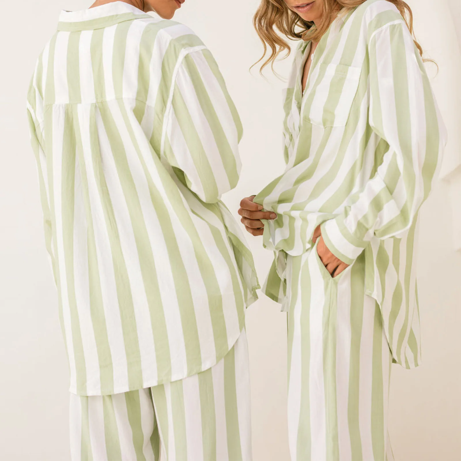 Women’s 2 Piece Pajamas Set Long Sleeve Striped Print Button Down Shirt Pants Set Loungewear Harajuku Sleepwear pyjama Homewear