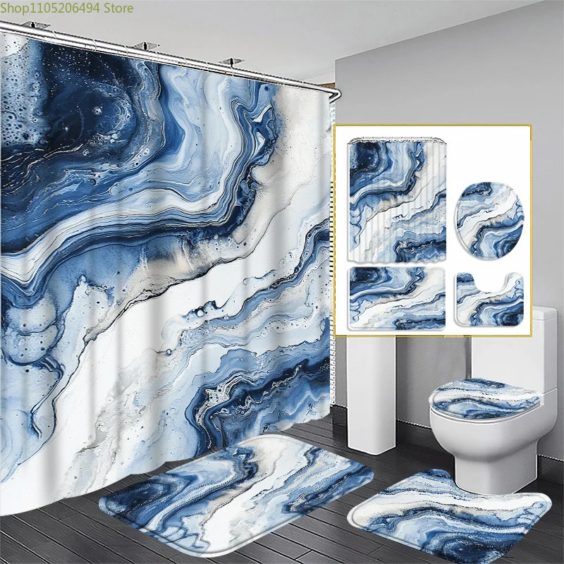 

1/3/4pcs Marble Water Ripple Pattern Bathroom Set, Includes Toilet Lid Cover, Bath Mat, and Non-Slip Mat with 12 Plastic Hooks