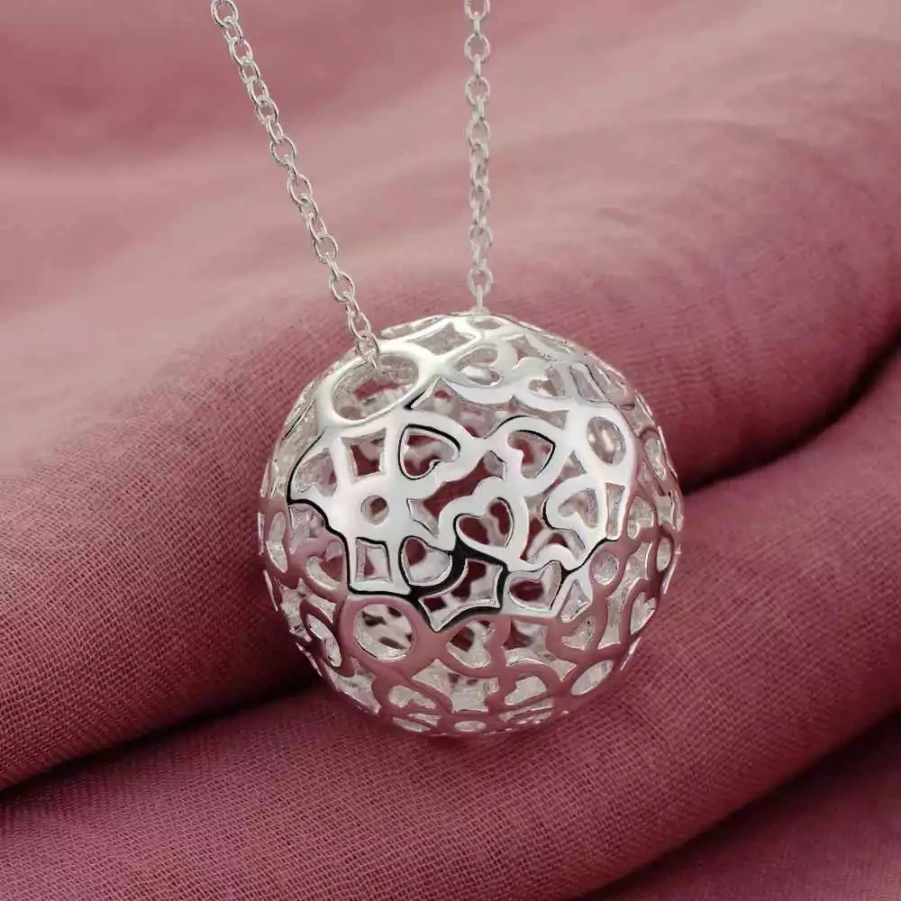 Hot Classic 925 Sterling Silver Necklaces Charm Jewelry 18 Inches Hollow Ball Pendant Fashion Women Party Christmas Gifts