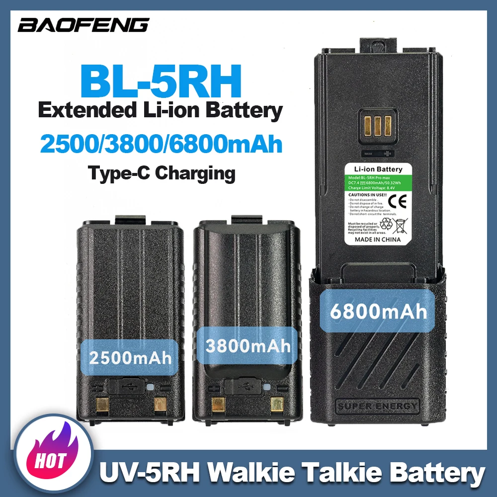 Baofeng-Bateria Li-ion atualizada, Carregamento tipo C, Walkie Talkie, BL-5RH, UV-5RM, 6800 mAh, 3800 mAh, 2500mAh