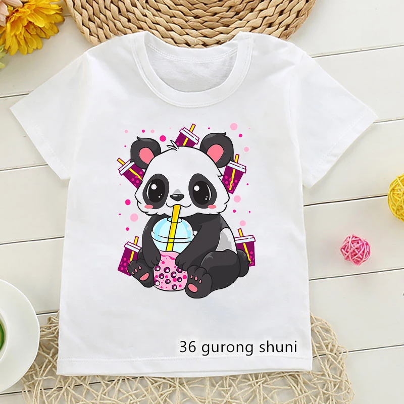 

Funny Kids Clothes Tshirt Cute Panda Drinking Milk Tea Cartoon Print Boys T-Shirt Kawaii Girls Tshirt Fashion Boys/Girls Clothes