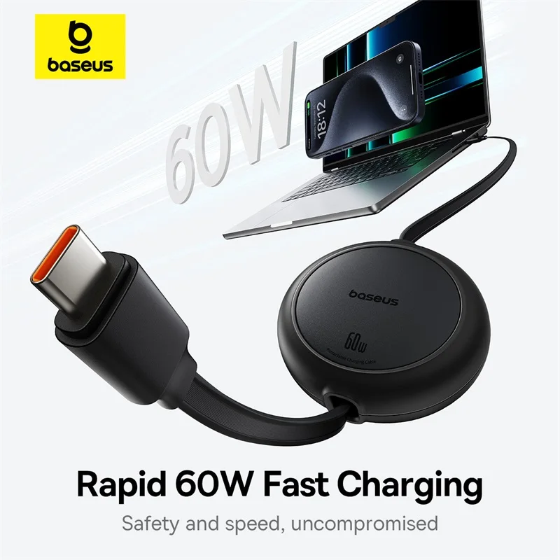 Baesus Retractable 60W USB C Cable For iPhone 15 Plus Pro Max Fast Charging Cable For MacBook iPad Type C Cable For Xiaomi