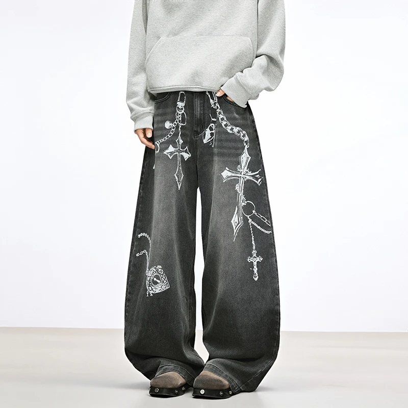 

Винтажные широкие брюки Y2K для женщин, потертые потертые принты с высокой талией, женские модные джинсы, осенне-зимняя коллекция