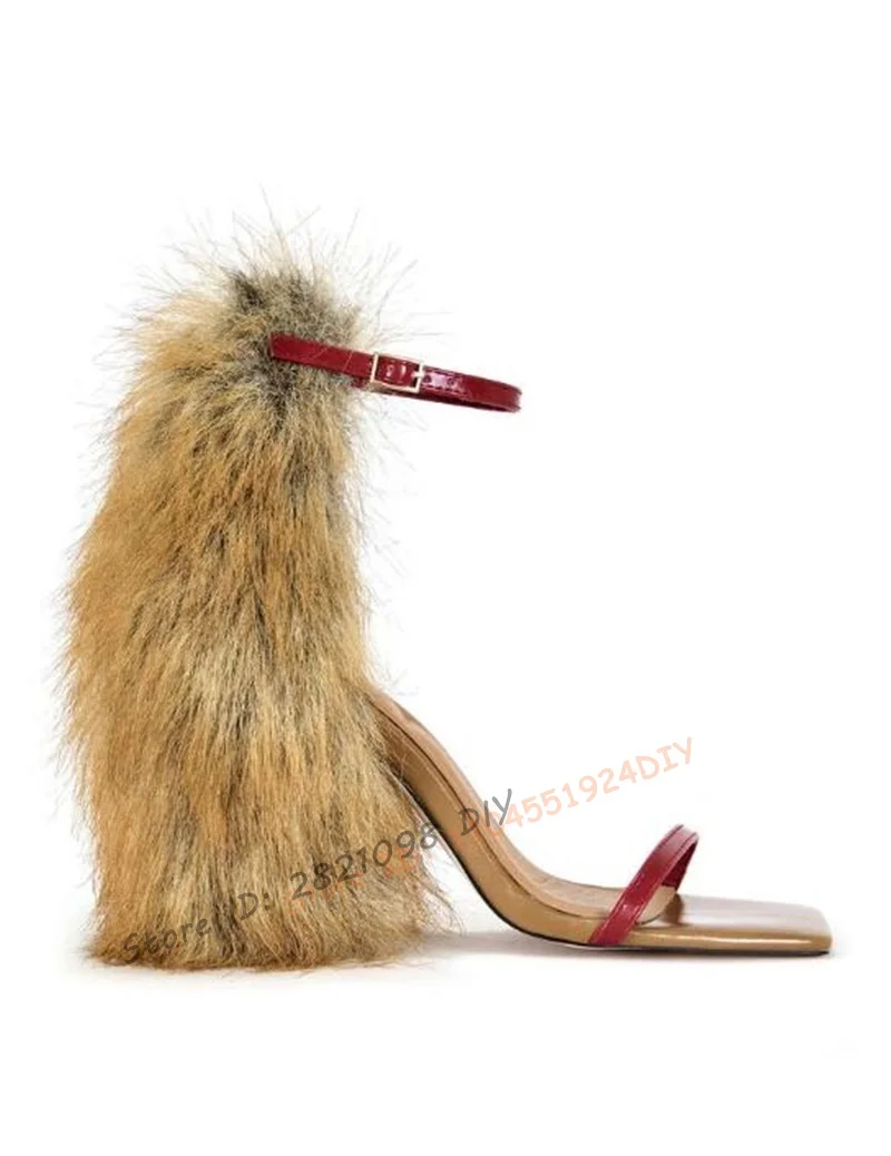 

Summer Sexy Animal Red Leather with Faux Fox Fur Block Sandal Decor Women Thin Heeled Sandals High Heels Party Prom Shoes
