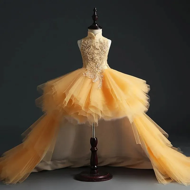 Vestido dorado de flores para niña con desmontable para boda, fiesta de cumpleaños, vestido de primera comunión de princesa con lentejuelas altas y bajas