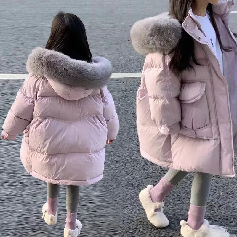

New Winter Girls Jacket Long Kawaii Thick Warm Big Fur Collar Hooded Zipper Coat for Girl Kids Cotton Parka Children's Clothing