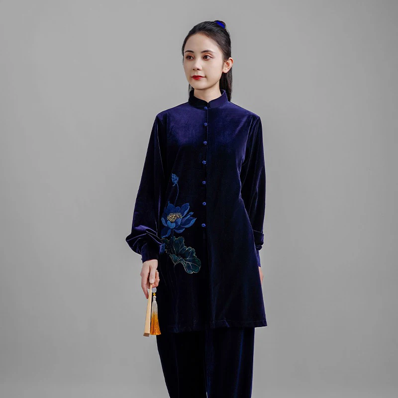 Kun Master Thicken Velvet Taichi Uniform Elegant Winter Martial Arts Suit Embroidery Kung Fu Clothes Taiji for Women