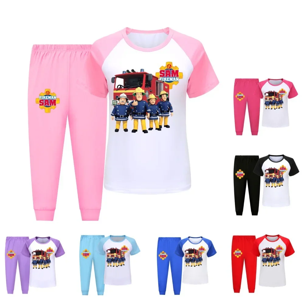 Fireman Sam Pijamas Kids Cartoon Fire Fighter Clothes Boys Summer Pajamas Sets Toddler Girls Short Sleeve T Shirt Pants 2pcs Set