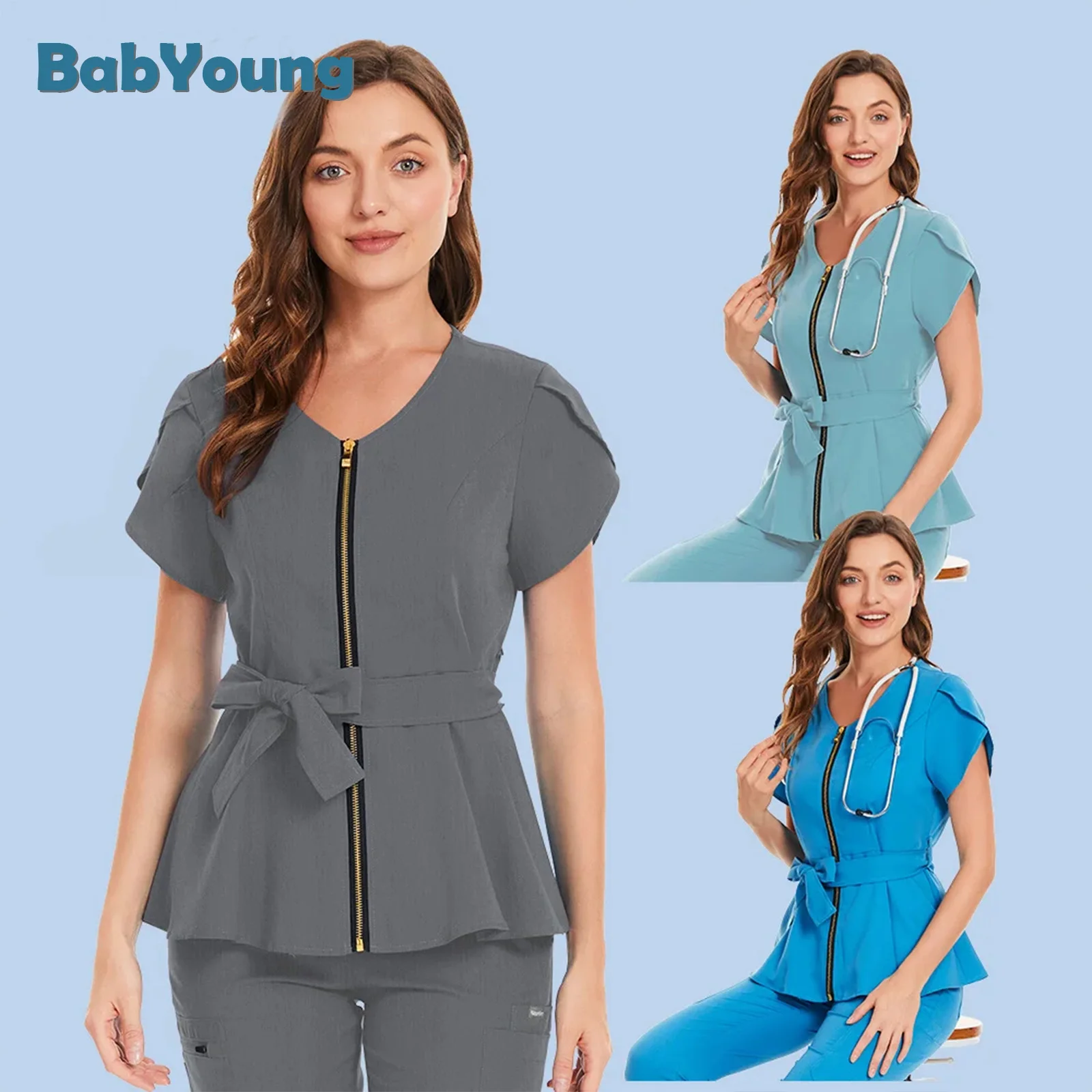 Nursing Scrub Top Women Short Sleeve Scrubtops Nurse Uniform 8 Color T-shirts Medical Uniform Spa Blouse Beauty Salon Costume