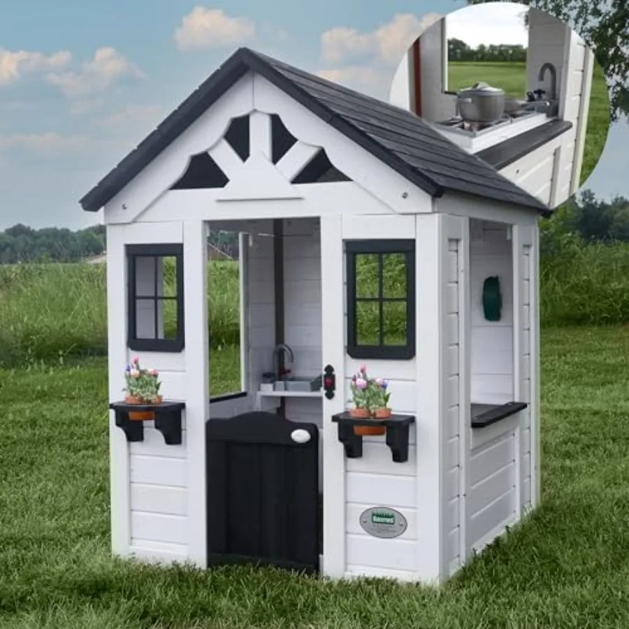 Backyard playhouse for outdoor imaginative play, white cedar wood, white color, durable natural wood construction with play kit