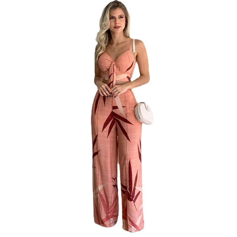 Women\'s 2023 New Linen Imitation Casual Suit V-neck Short Vest High-waist Printed Wide Leg Pants Two-piece Set